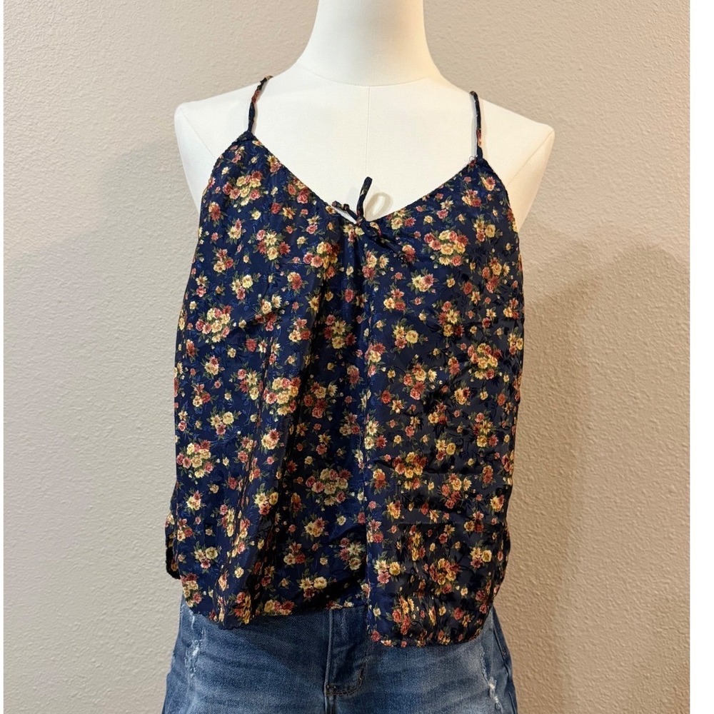 Floral Jacquard Camisole Tank Top Vintage Navy Blue L Cottagecore Boho Dainty